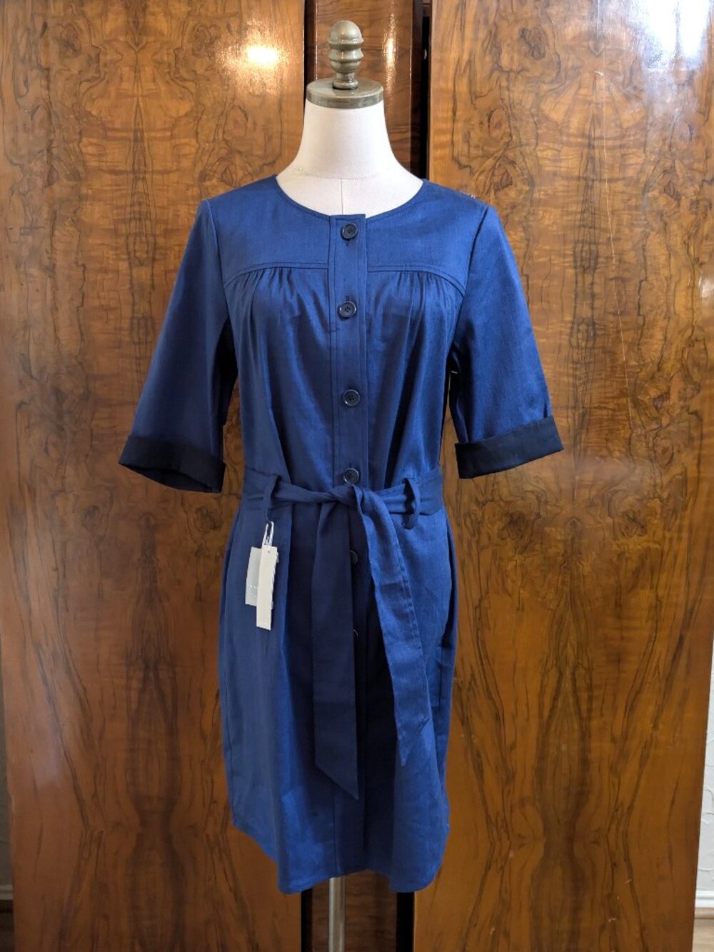 NWT Trina Turk Blue Linen Western Yoke Shirt Dress 8 Belted Utility Cowgirl